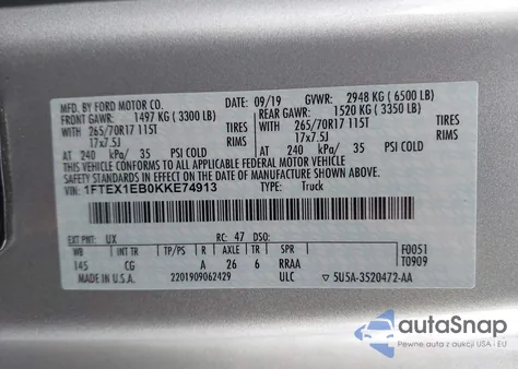 2019 Ford F-150 Xl z USA, uszkodzony, nr VIN 1FTEX1EB0KKE74913